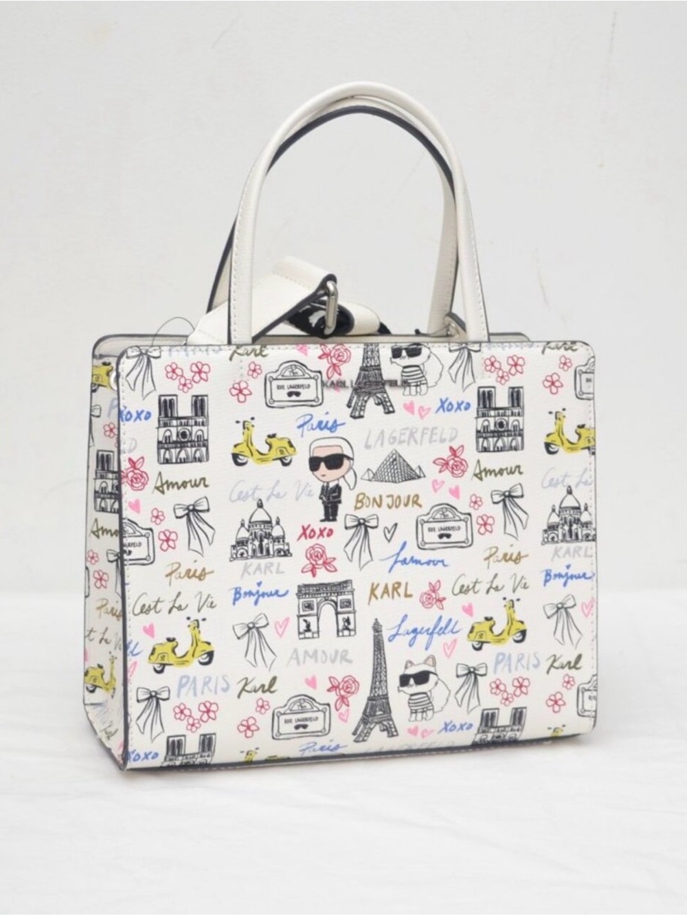 Karl Lagerfeld White Paris-Print Satchel with Multicolor Sketches